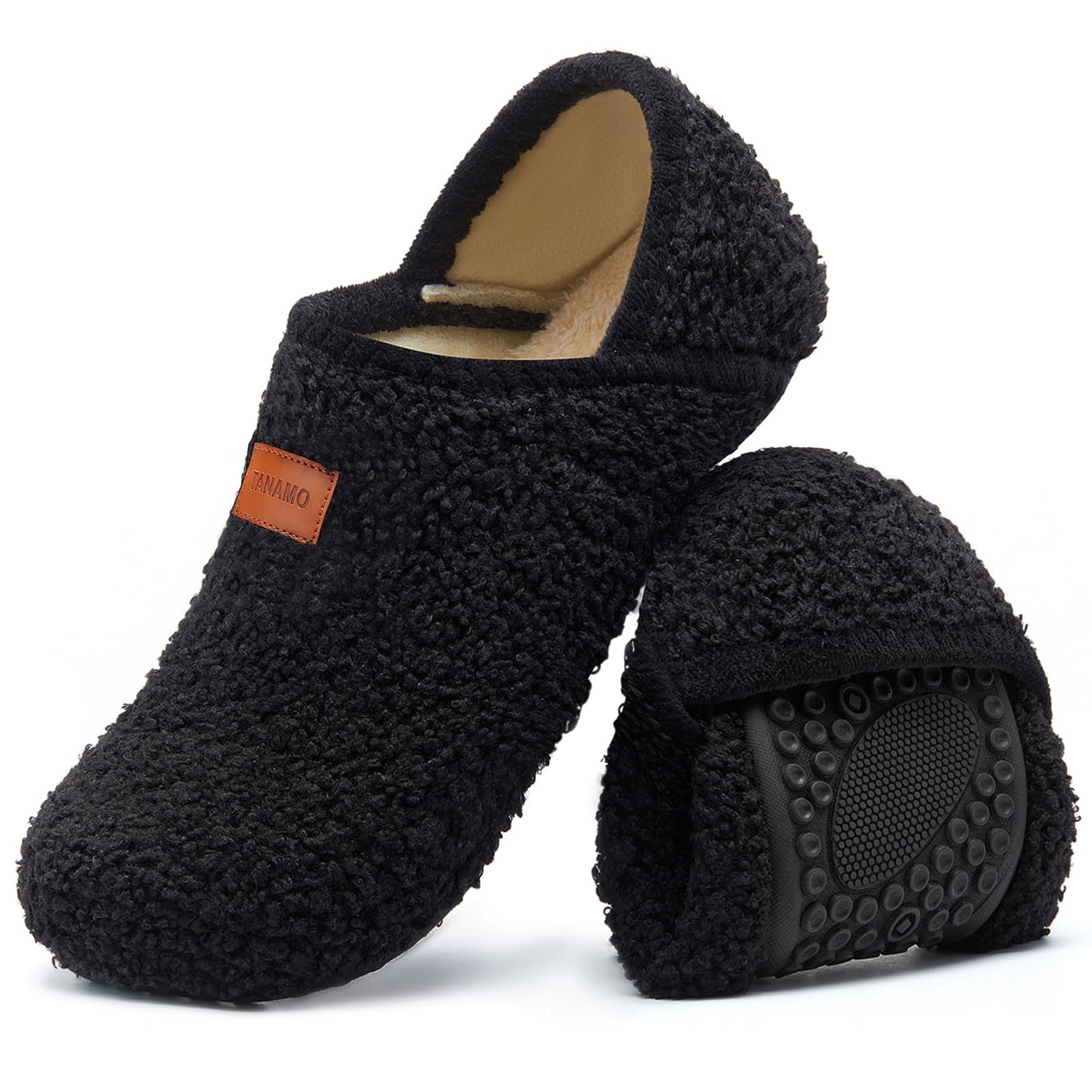 Photo 1 of Tanamo Women's Men's Indoor Outdoor House Slippers Socks - Black, Size 8-8.5 Women/7-7.5 Men - Fashion, No Heel, Closed Toe, Slip Resistance, Plush, Polycotton, All Seasons, Solid, Unisex Fashion