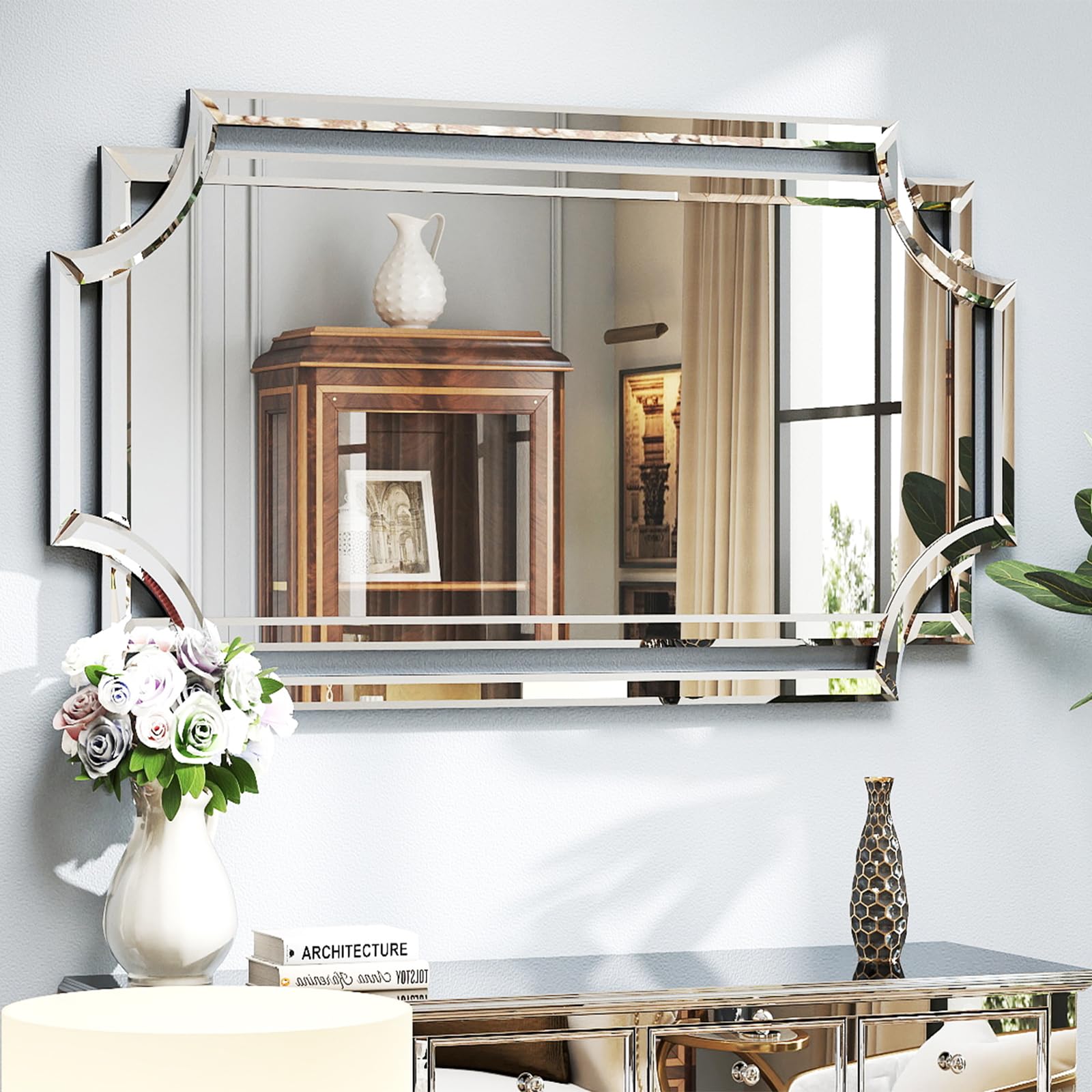 Photo 1 of Chende 32" x 47" Living Room Wall Mirror for Decor, Modern Large Decorative Mirror with Beveled Glass Scalloped Corner, Horizontal or Vertical Hanging for Decor Entryway, Dining Room, Bathroom
