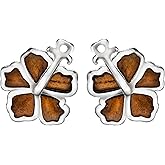 925 Sterling Silver Koa Wood Hawaiian Hibiscus Flower Stud Earrings, Nickel Free Hypoallergenic for Sensitive Skin, Rhodium Finished, Gift Box Included