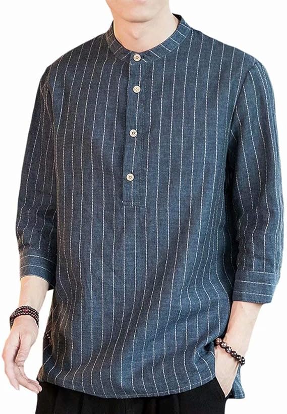 Amazon Yimanie リネンシャツ メンズ ｙシャツ 夏服 7分袖 Tシャツ 綿麻 バンドカラー 和風 カジュアルシャツ ビジネス ストライプ 立襟 2色 爽やか コーデやすい 白 紺 おしゃれ カットソー 日焼け止め Uvカット Tシャツ カットソー 通販