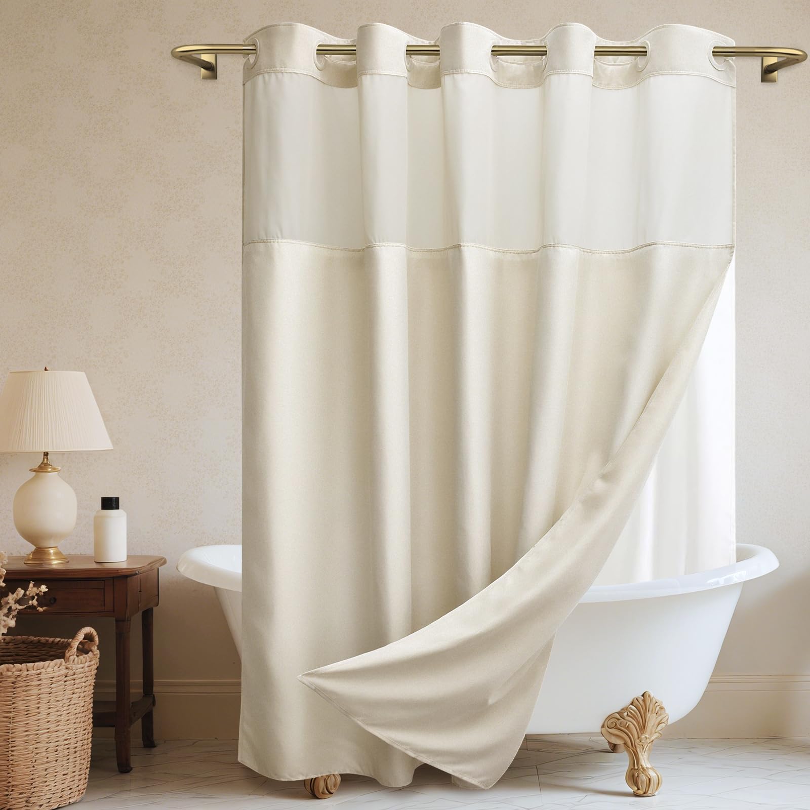 WONICY No Hook Shower Curtain and Liner, Linen-Look Polyester Textured Shower Curtain with Snap in Liner, Waterproof & Washable Bath Curtains for Bathroom, 71Wx74H - Beige/Cream Image