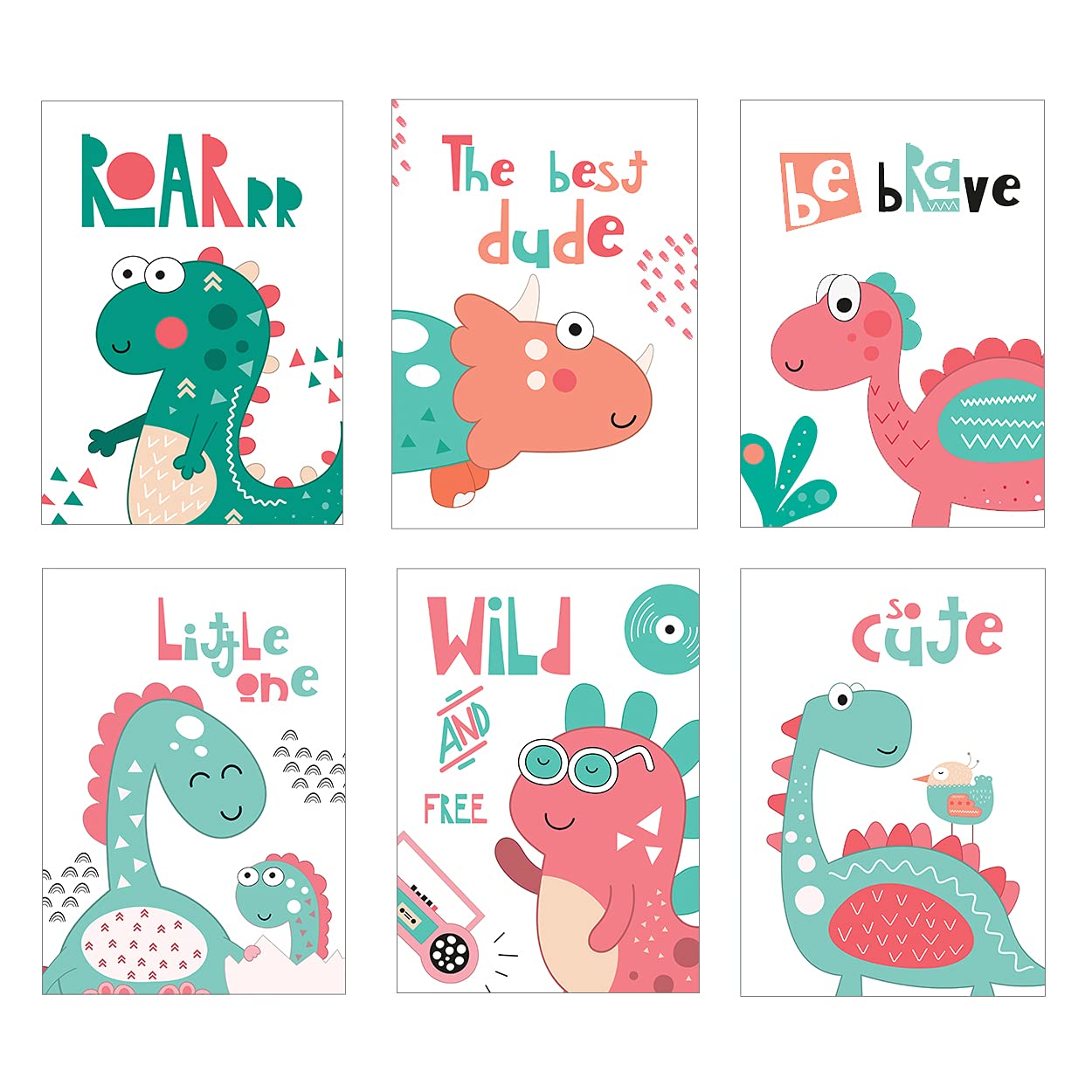 Fun Little Dino Art Prints, Size A4, Set of 6 Unframed For Child's Nursery Or Bedroom