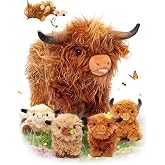 OUOZZZ Highland Cow Stuffed Animal, 14.5" Large Mom and 4 Babies Set | Realistic Fluffy Plush Toy, Includes 4 Baby Calves, Travel-Friendly &amp; Portable