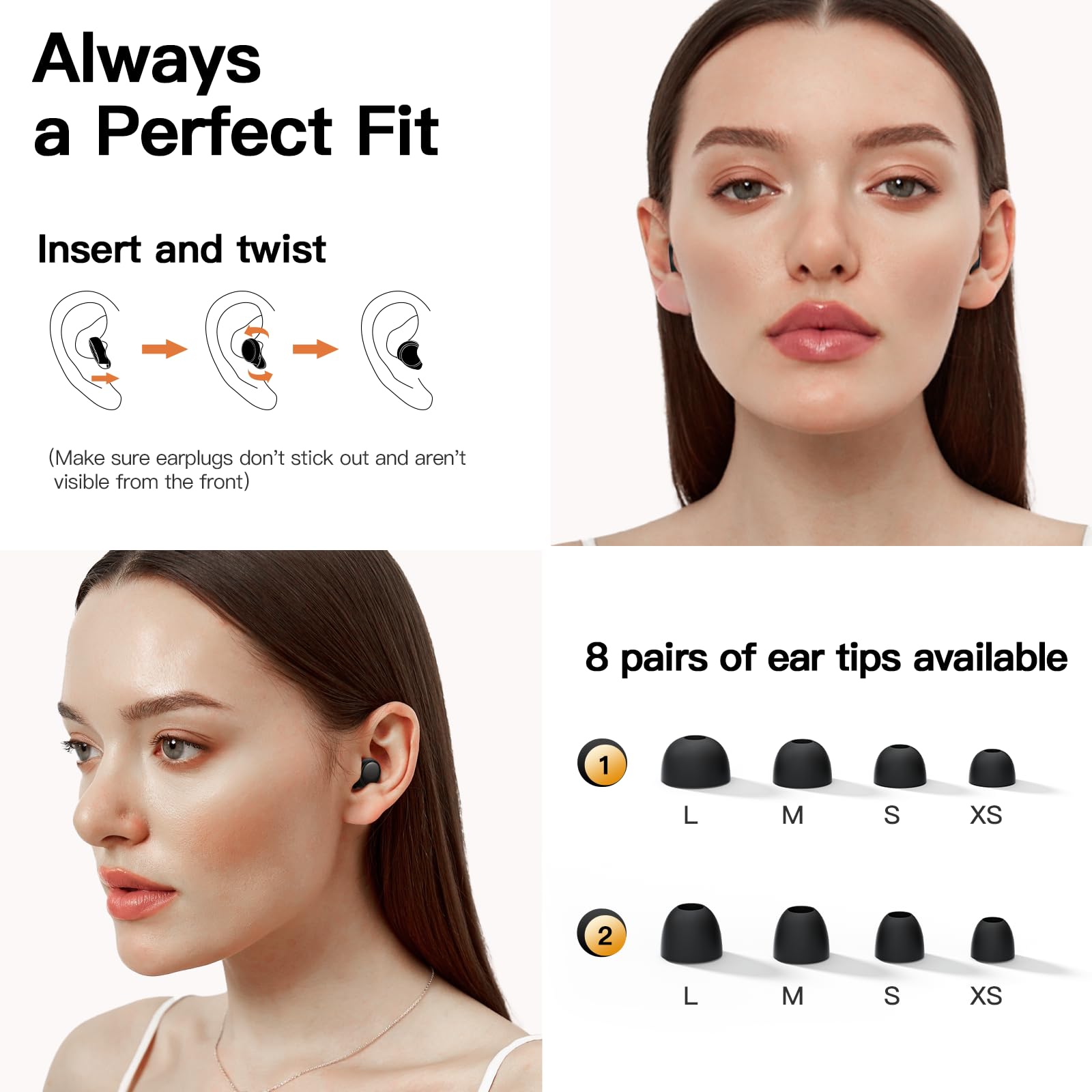 Ear Plugs for Sleeping 45dB Noise Cancelling Ear Plugs for Concerts, Focus, Travel, Work Silicone Hearing Protection Earplugs with 8 Tips (XS-L) Reusable Noise Reduction Ear Plug for Snoring Black