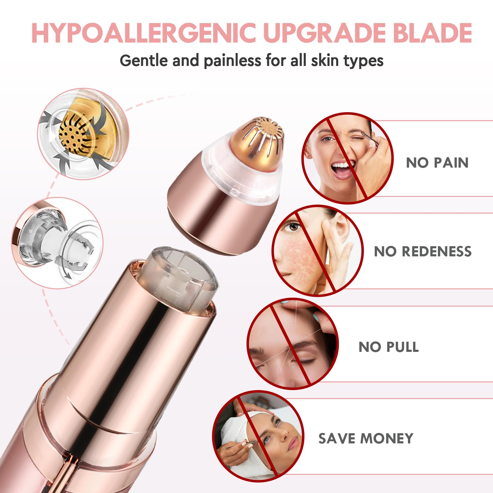 Eyebrow Trimmer for Women, Rechargeable Eyebrow Hair Remover, Painless Electric Razor with 2 x Replacement Heads, Eye Brow and Face Epilator Hair Removal (Rose Gold)