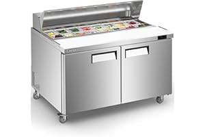 Coolski 60’’ W 2 Door Commercial Refrigerator, Refrigerated Sandwich Salad Prep Table with 16 Pans/Mega Top/Cutting Board, 18 Cu.Ft. Large Capacity Stainless Steel ETL NSF Approved