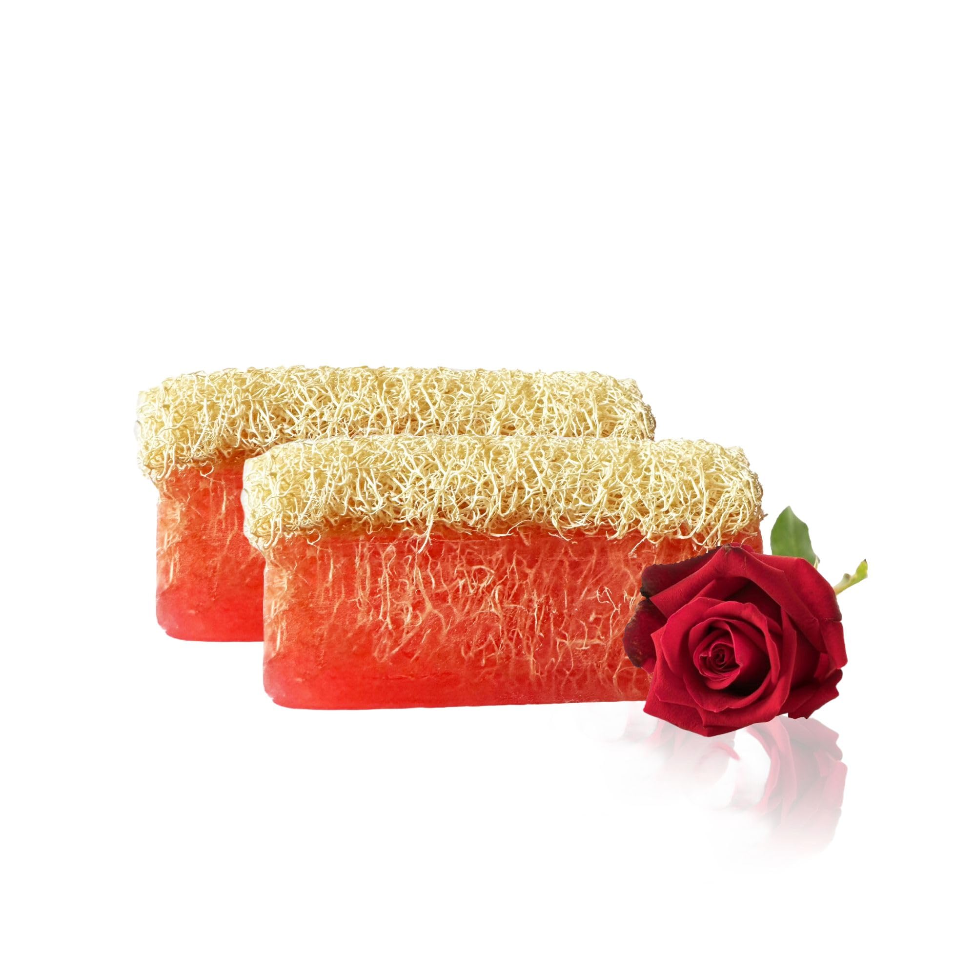 STORELUXY 2-Pack 260gr Red Rose Soap Bar With Pumpkin Fiber Natural Handmade Loofah | Oil Balance, Dryness, Collagen, Blackheads and Acne, Vitamins C and E, Nourishing, Anti-Aging, Anti Allergic