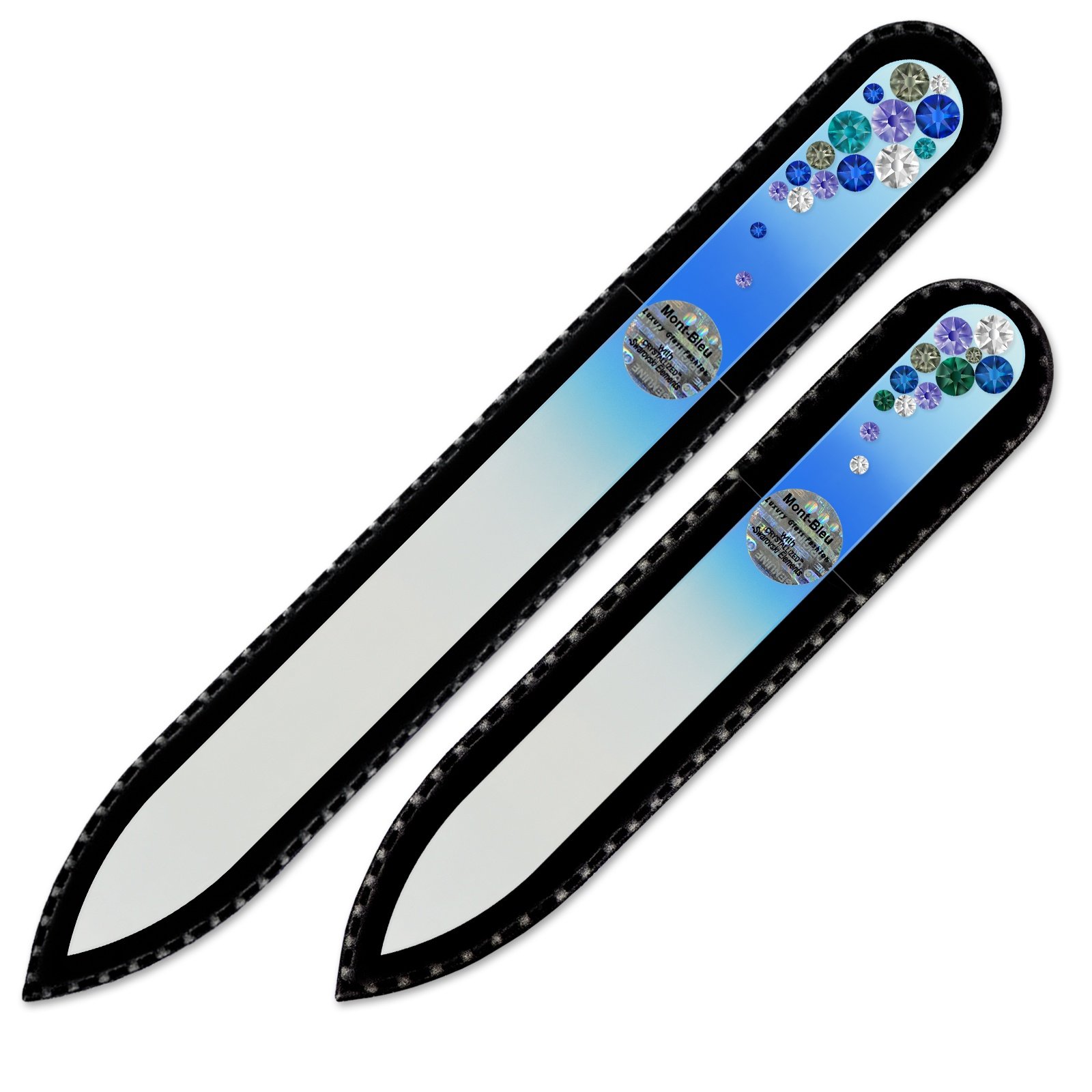 Crystal Nail File - Mont Bleu Set of 2 Crystal Nail Files Hand Decorated with Crystals from Swarovski - Handmade Gifts - Czech Tempered Glass - Premium Fingernail File for Natural Nails