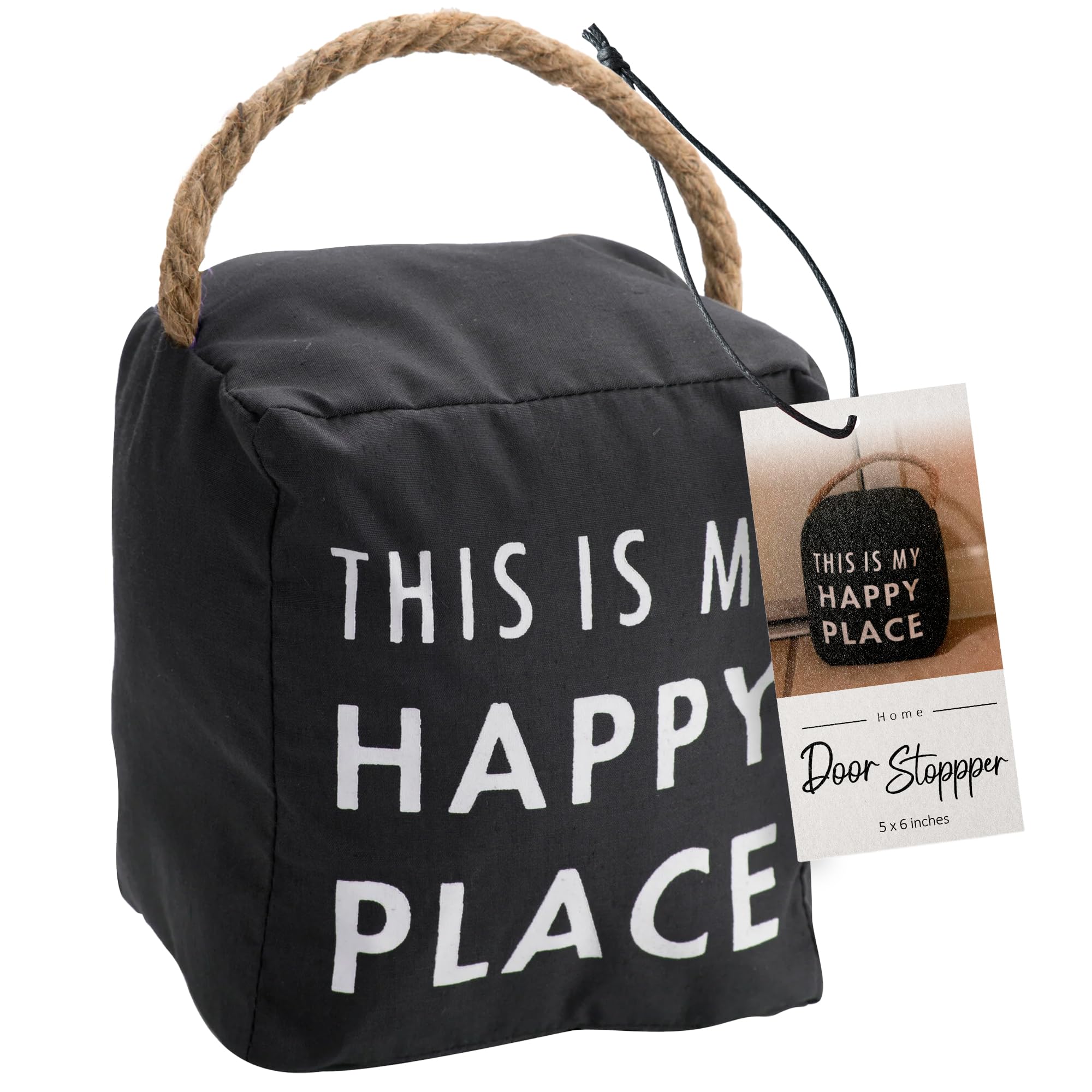 Pavilion This is My Happy Place Canvas Door Stopper - Weighted Fabric Decorative Doorstop with Handle, Polyester Sand Bag Soft Door Stoppers for Interior Doors, Black Home Decor, 5 x 4.75 x 6