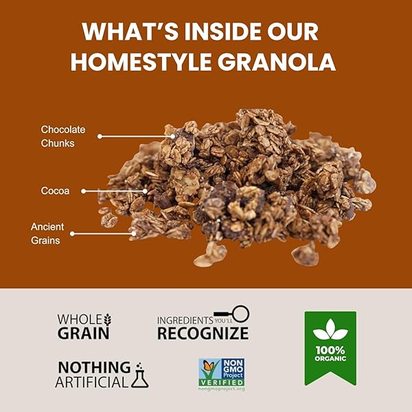 ERIN BAKER’S HOMESTYLE DOUBLE CHOCOLATE GRANOLA WITH ANCIENT GRAINS – MADE FROM NATURAL INGREDIENTS, CRUNCHY, VERSATILE SNACK OR CEREAL – VEGAN FRIENDLY, NON-GMO, RESEALABLE 12OZ BAG
