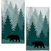 BIGXIUKA Bear Hand Towels Green Foggy Forest Trees Bath Towel Set of 2 Soft Kitchen Dish Towels Decorative Bathroom Face Towels for Guest Gym Yoga 28 x 14 Inch