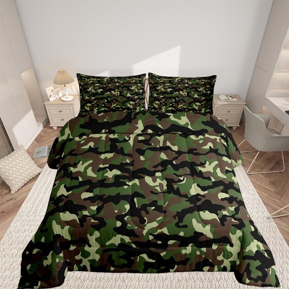 Loussiesd Camouflage Duvet Double For Kids Boys Makes Hidden Army Green Quilted Bed Teenagers Decorative Winter Summer Duvet Camouflage Super Soft with 2 Pillowcase