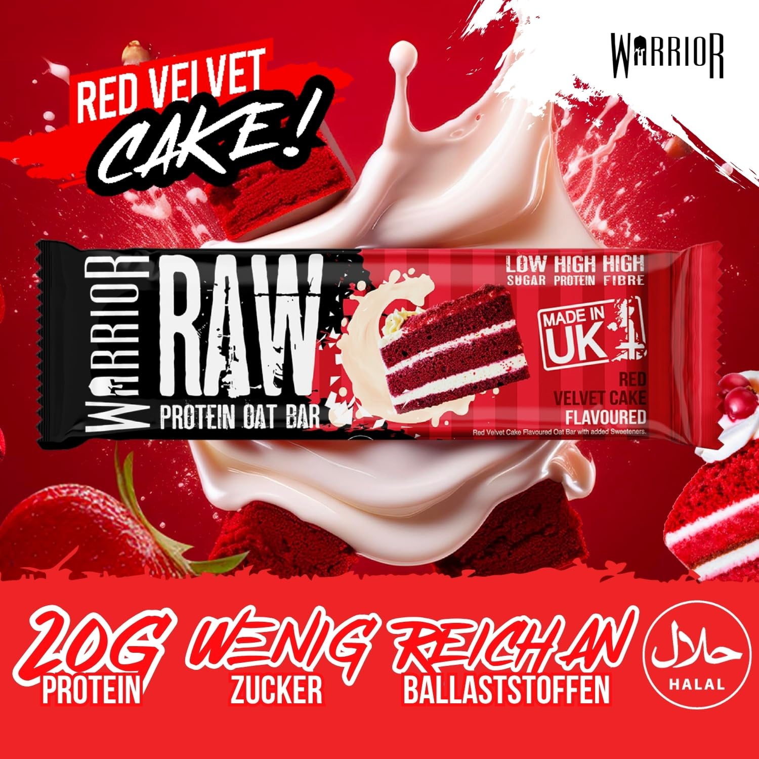 Warrior Raw Proteinriegel 12 x 75 g – Ballaststoffreicher Haferriegel mit Protein, High Protein Snack ohne Zucker, Natürlicher Haferflocken Riegel mit Präbiotika – Red Velvet Kuchen 3