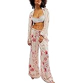 LILTWIST Silk Satin Pajamas Set for Women 2 Piece Floral Pjs Wide Leg Lounge Pants Set Long Sleeve Button down Pj Shirts Set