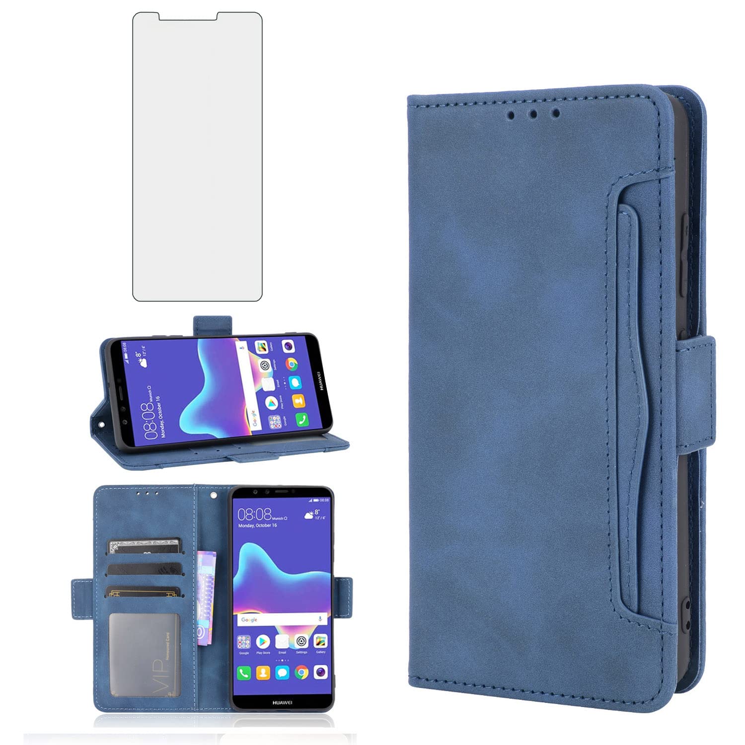 Asuwish Compatible with Huawei Y9 2018 Wallet Case Tempered Glass Screen Protector and Leather Flip Cover Card Holder Stand Cell Accessories Phone Cases for Hawaii Enjoy 8 Plus Women Men Blue