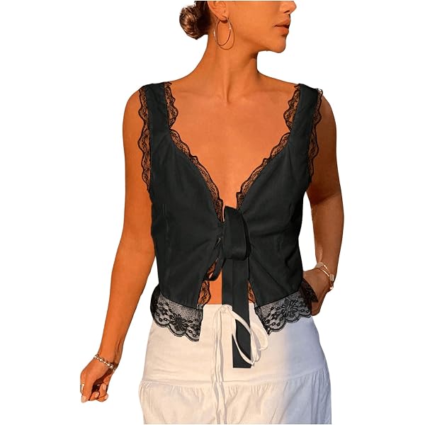 SOLY HUX Women's Y2k Lace Trim Open Tie Front Tank Top V Neck
