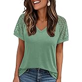 AUTOMET Womens Summer Short Sleeve T Shirt 2026 Spring Vacation V Neck Tops Lace Blouses Dressy Casual Fashion Clothes