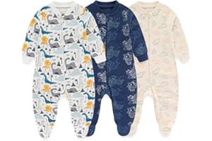 MAMIMAKA Newborn Baby 2-way Zipper Romper Cotton One-piece Jumsuit 3-pack, 0-24 Months