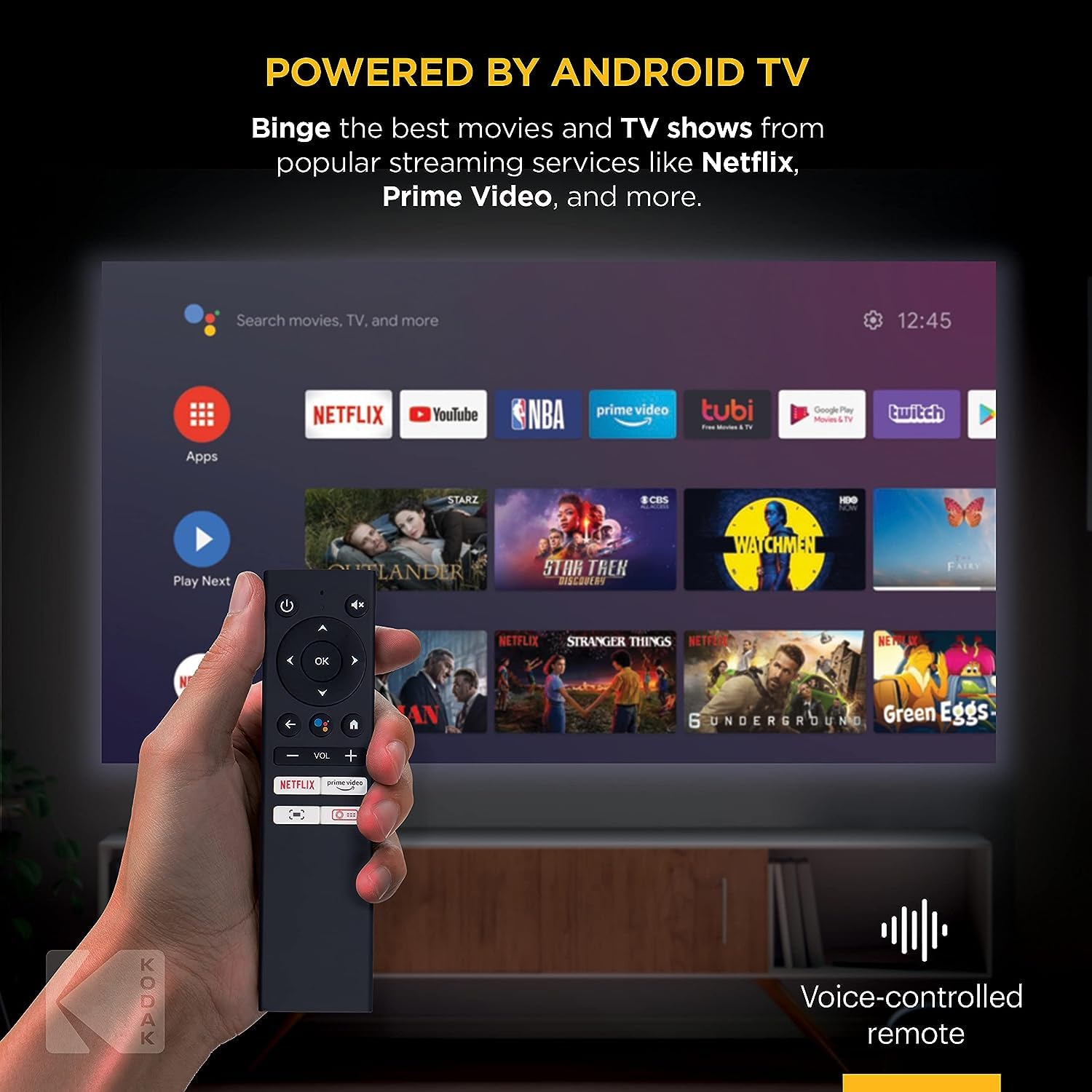 KODAK FLIK HD9 Smart Projector | Mini White Portable Indoor & Outdoor Movie with Android TV Streaming Apps, Wi-Fi and Bluetooth, Built-In Speakers & Voice Remote | FHD 1080p for Screens Up to 120”