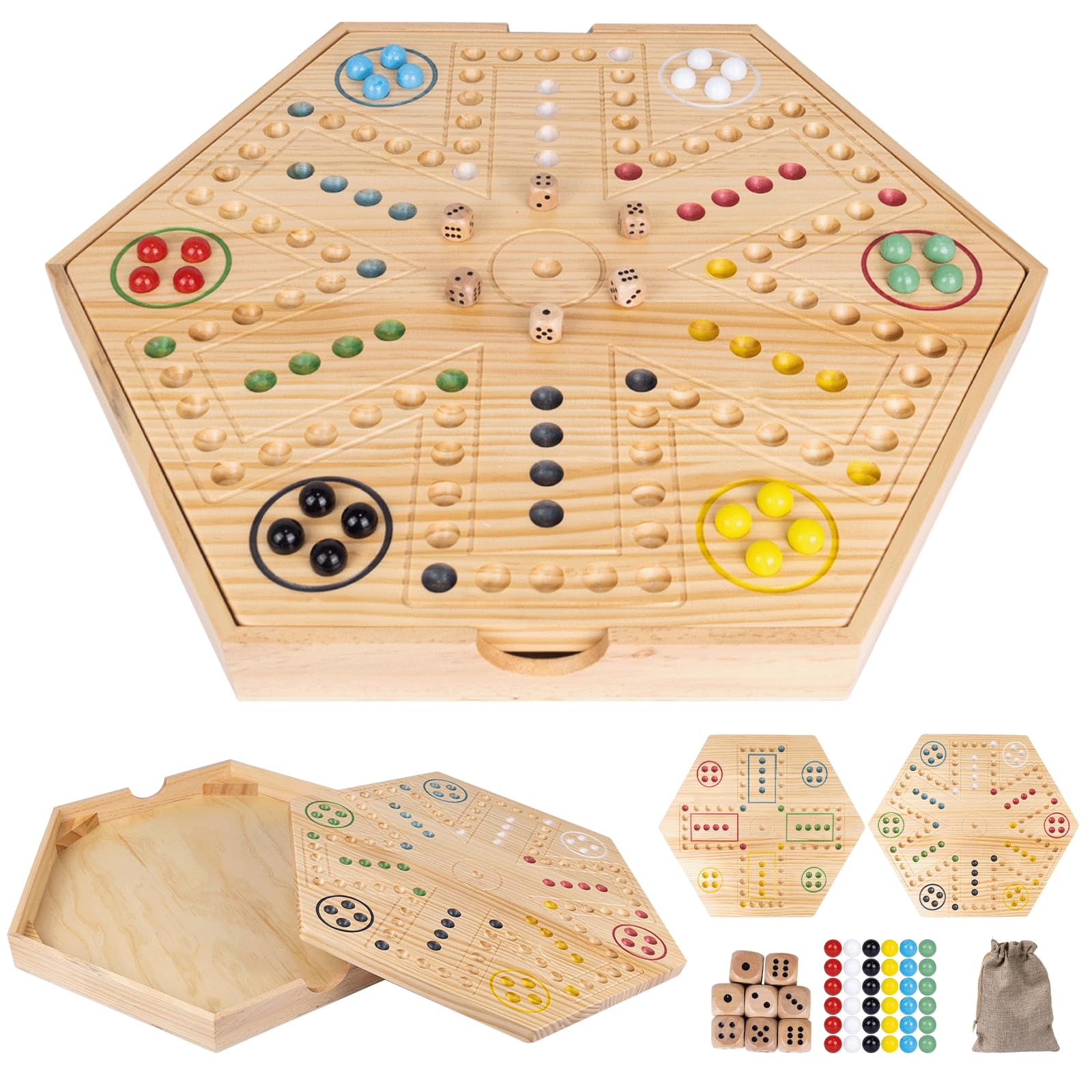 Photo 1 of 20 inch Wahoo Board Game,2 in 1 Marble Board Game with Storage Function,Wooden Fast Track Game Suitable for 4 or 6 Players,with 36 Glass Marbles,8 Dice,Storage Bag and Instruction Manual