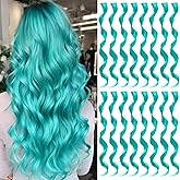 TOFAFA 16 Pcs Colored Hair Extensions Curly Wavy Clip in Synthetic Hair Extensions,Color Party Highlights Hairpiece Streak for Women Girls Adult Cosplay Gift(Teal Blue)
