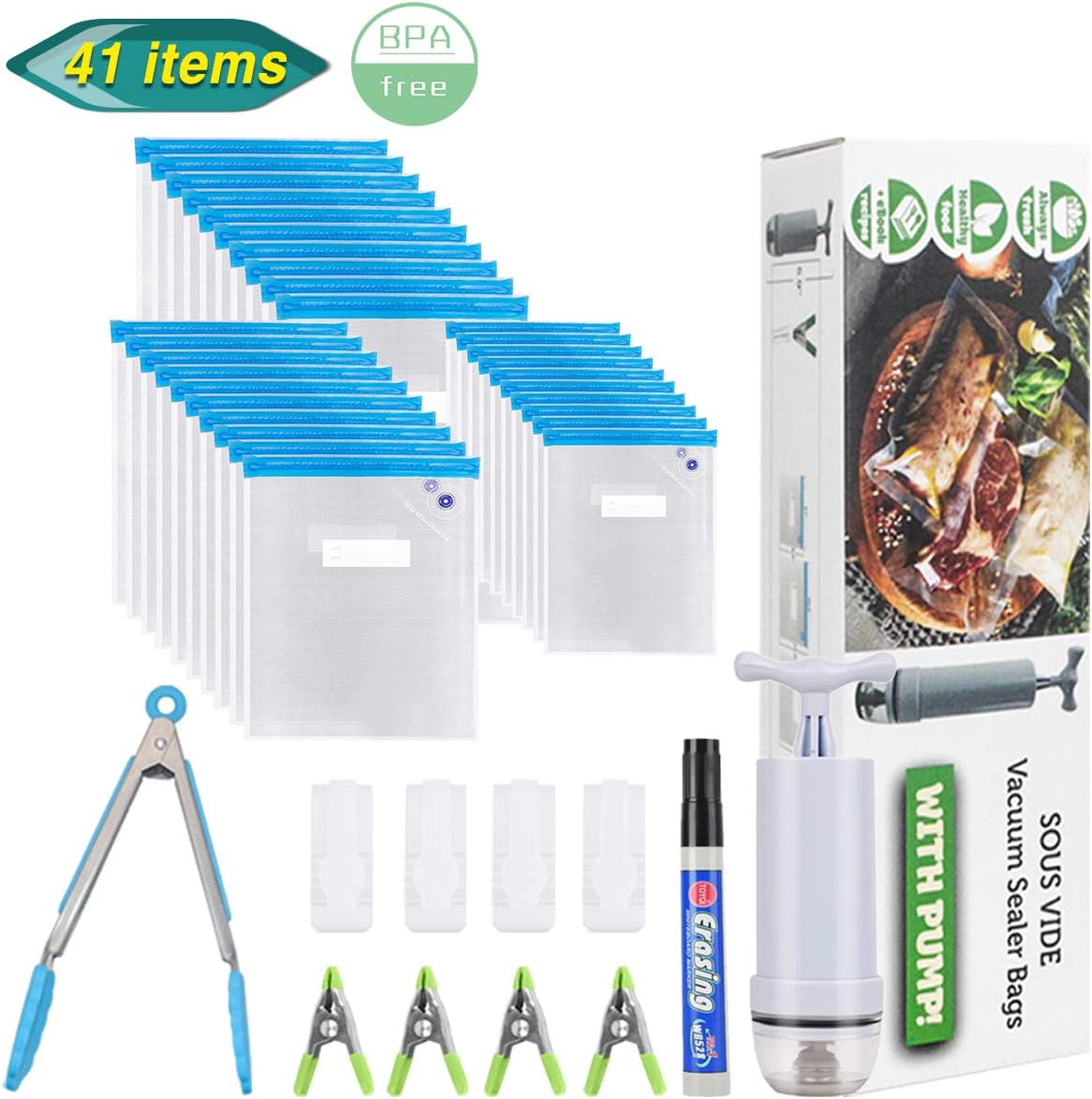 Aufisi Sous Vide Bags, 30 Packs Reusable Vacuum Food Storage Kit for Sous Vide Cooking,3 Sizes Sous Vide Bag with 1 Hand Pump,1 Kitchen Tong,1 Marker,4 Zipper Clips,4 Sealing Clips,BPA-Free