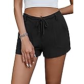 Famulily Womens Linen Drawstring Elastic Waist Button Shorts Low Rise Cute Beach Shorts with 4 Pockets