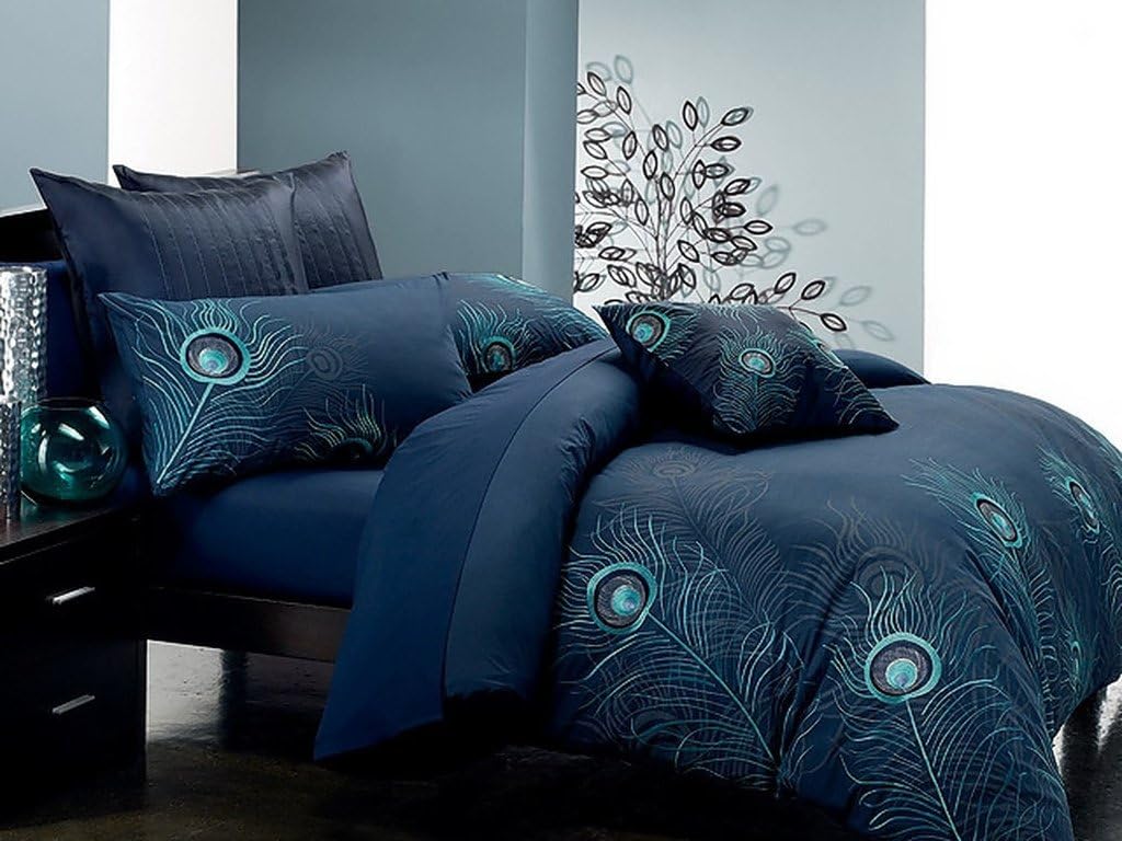 Peacock Feathers 100 Egyptian Cotton 7 Piece Duvet Cover Set with
