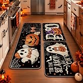 Tinideya 3 Pcs Halloween Ghost Kitchen Rugs and Mats Set,Black | Pumpkin Boo Cat Floor Mats, Non Slip Spooky Runner Rugs, Cute Halloween Decorations for Kitchen Bathroom Home Office Decor