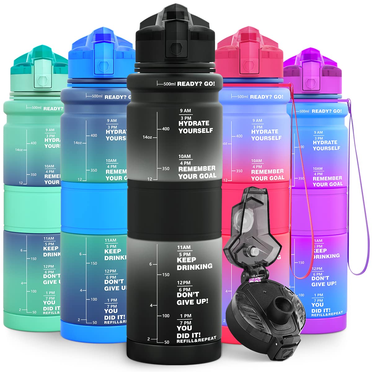 Lunidry 1 Litre Water Bottle, 500ml Kids Water Bottle for School, BPA Free Leakproof Motivational Plastic Drink Bottles with Time Markings, 1l Sports Water Bottles for Running, Gym, Mens
