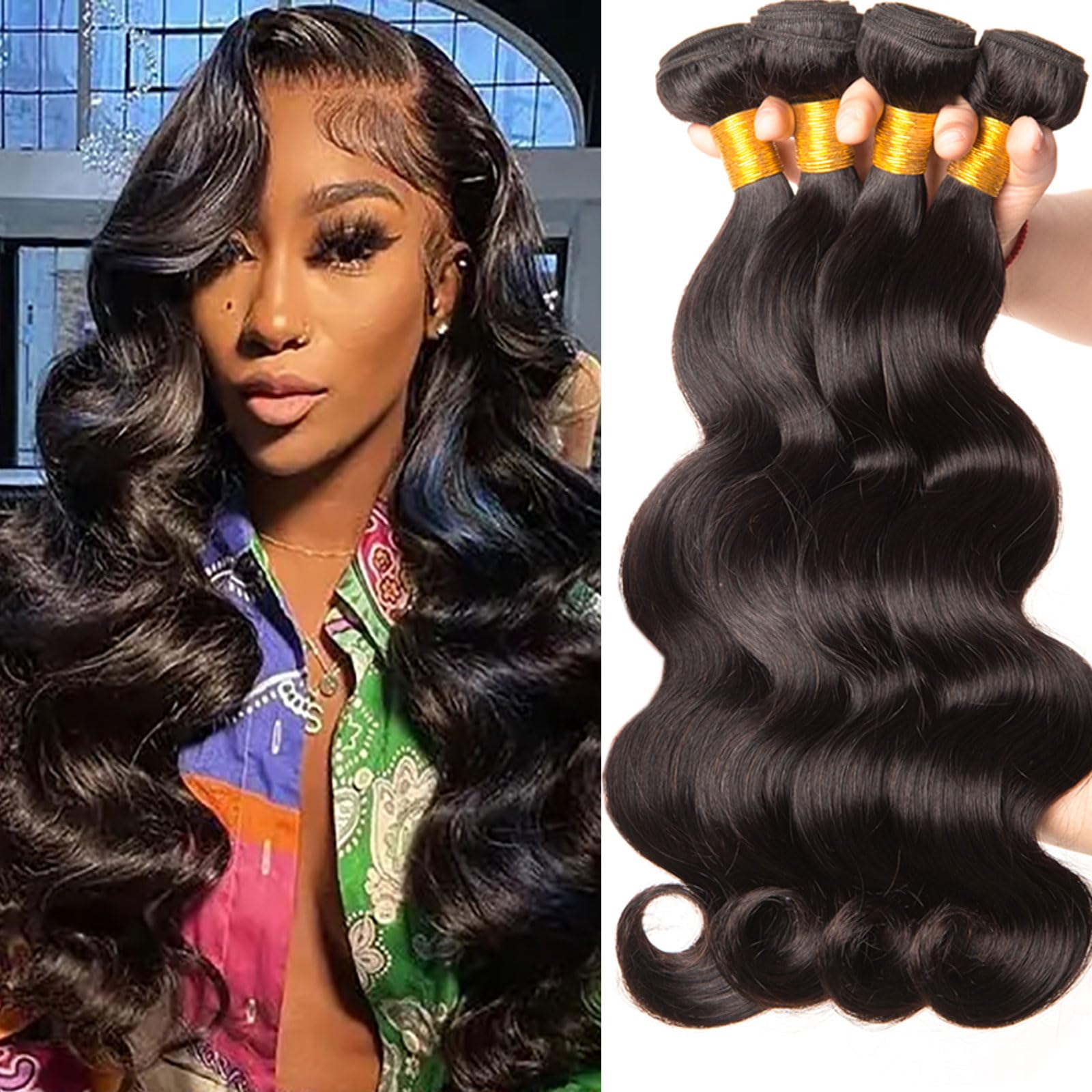 Huarisi Body Wave Bundles Human Hair 20 22 24 26 Inch 4 Bundles Body Wave Hair Weaves for Black Women 8a Unprocessed Brazilian Virgin Hair Natural Color Real Hair Extensions Weft