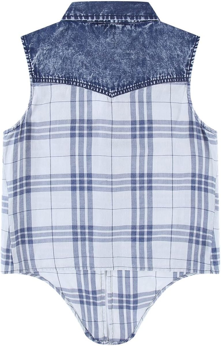 Bienzoe Girl’s Cotton Plaid Denim Sleeveless Tied Casual Blouse: Clothing