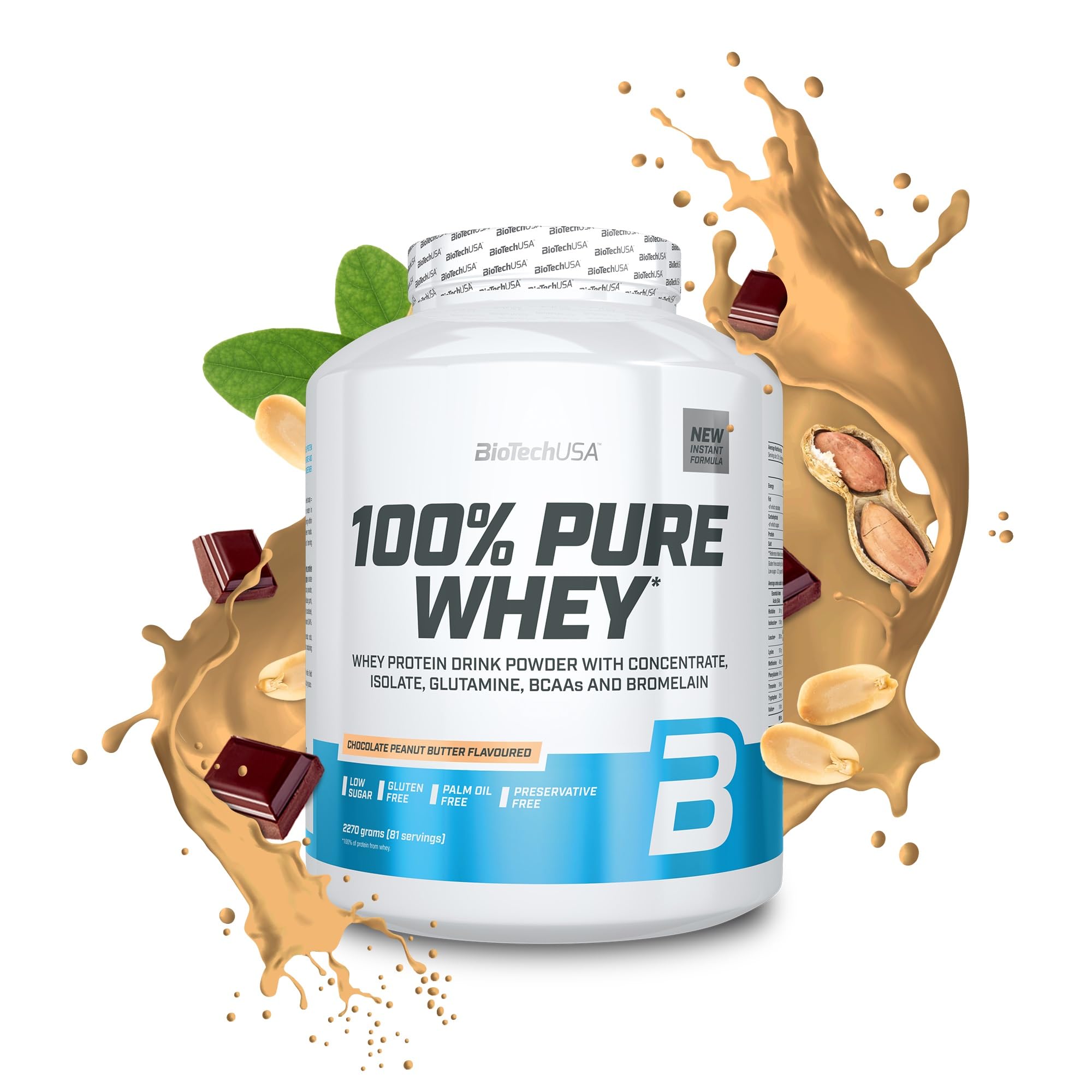BioTechUSA 100% Pure Whey | Protein Powder with BCAA and Glutamine | Gluten-Free, Palm Oil Free | 21g Protein per Serving, 2.27 kg, Chocolate-Peanut Butter