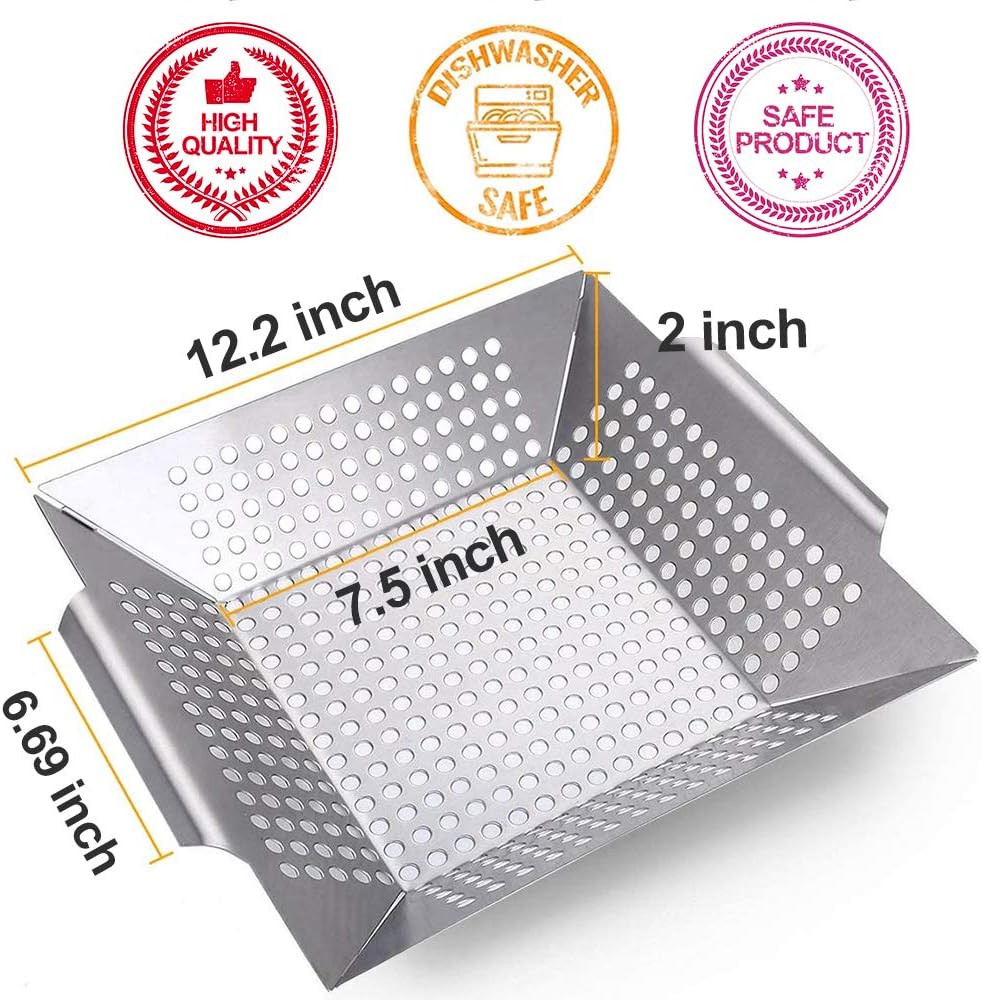 HomeMall Grill Basket for Vegetables & Meat - Large BBQ Grilling Basket - Stainless Steel Barbecue Grilling Accessories for Veggies, Kabobs, Seafood - Bonus Basting Brush : Garden & Outdoor