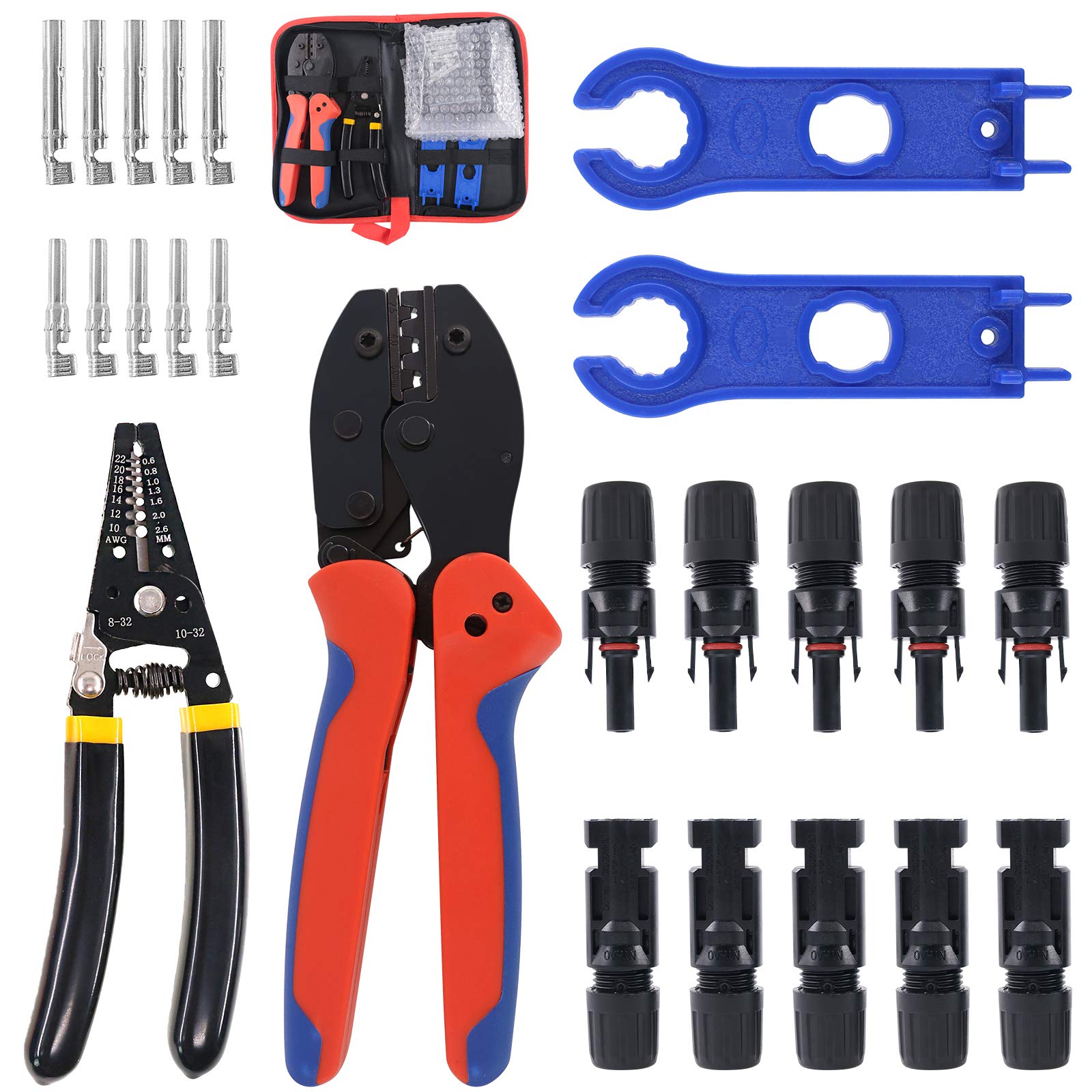 Keadic K236 Solar Crimping Tools, Wire Stripper, 5 Pairs of Male/Female Solar Panel Cable Connectors, 2pcs Solar Connector Spanner Tool Kit for 2.5/4.0/6.0mm sq MC3 MC4 Solar Panel PV Cable,Red