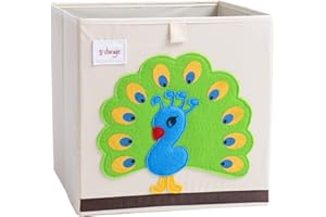 DODYMPS Foldable Animal Canvas Storage Toy Box/Bin/Cube/Chest/Basket/Organizer For Kids, 13 inch (Peacock)