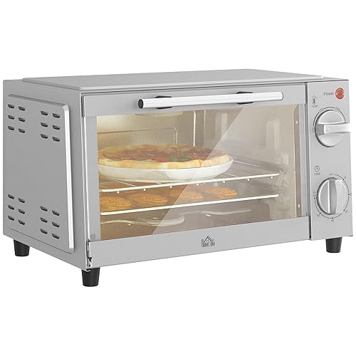 HOMCOM Mini Oven, 9L Countertop Electric Grill, Toaster Oven with Adjustable Temperature, Timer, Dishwasher Safe Baking Tray and Wire Rack, 750W, Silver