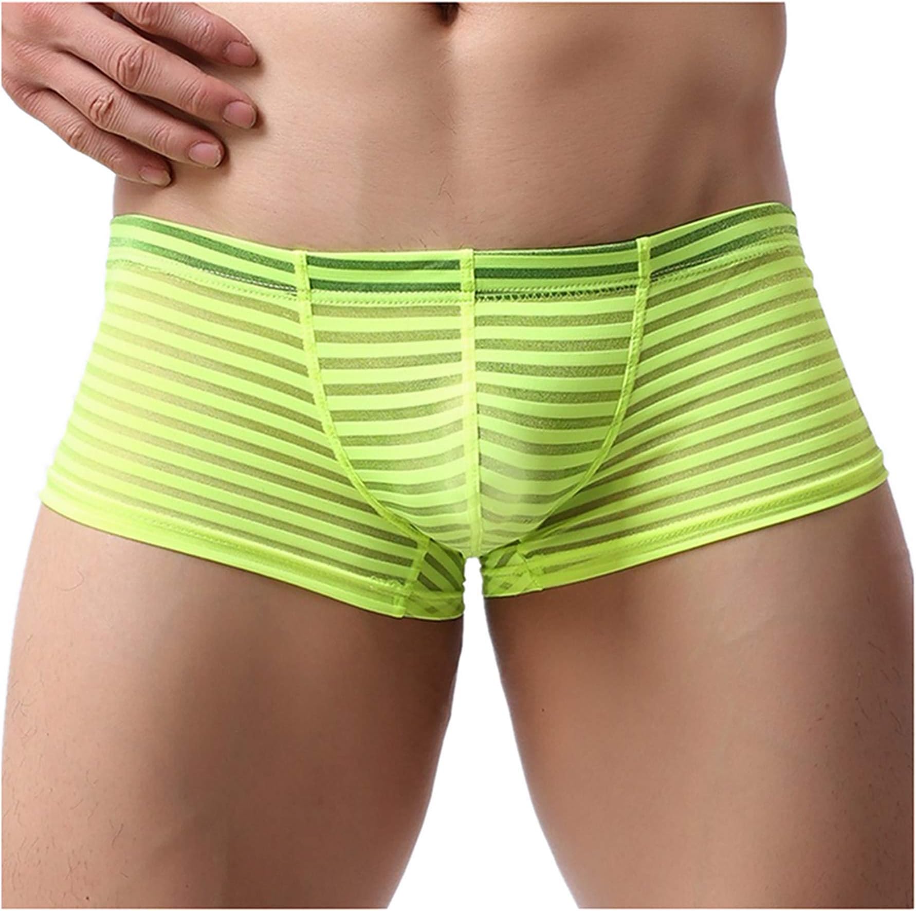 Mens Sexy Ice Silk See Through Stripe Boxer Briefs U Convex Underwear Low Waist Stripe Underwear Mesh See Through Transparent Boxer Briefs Comfortable Breathable Underpant