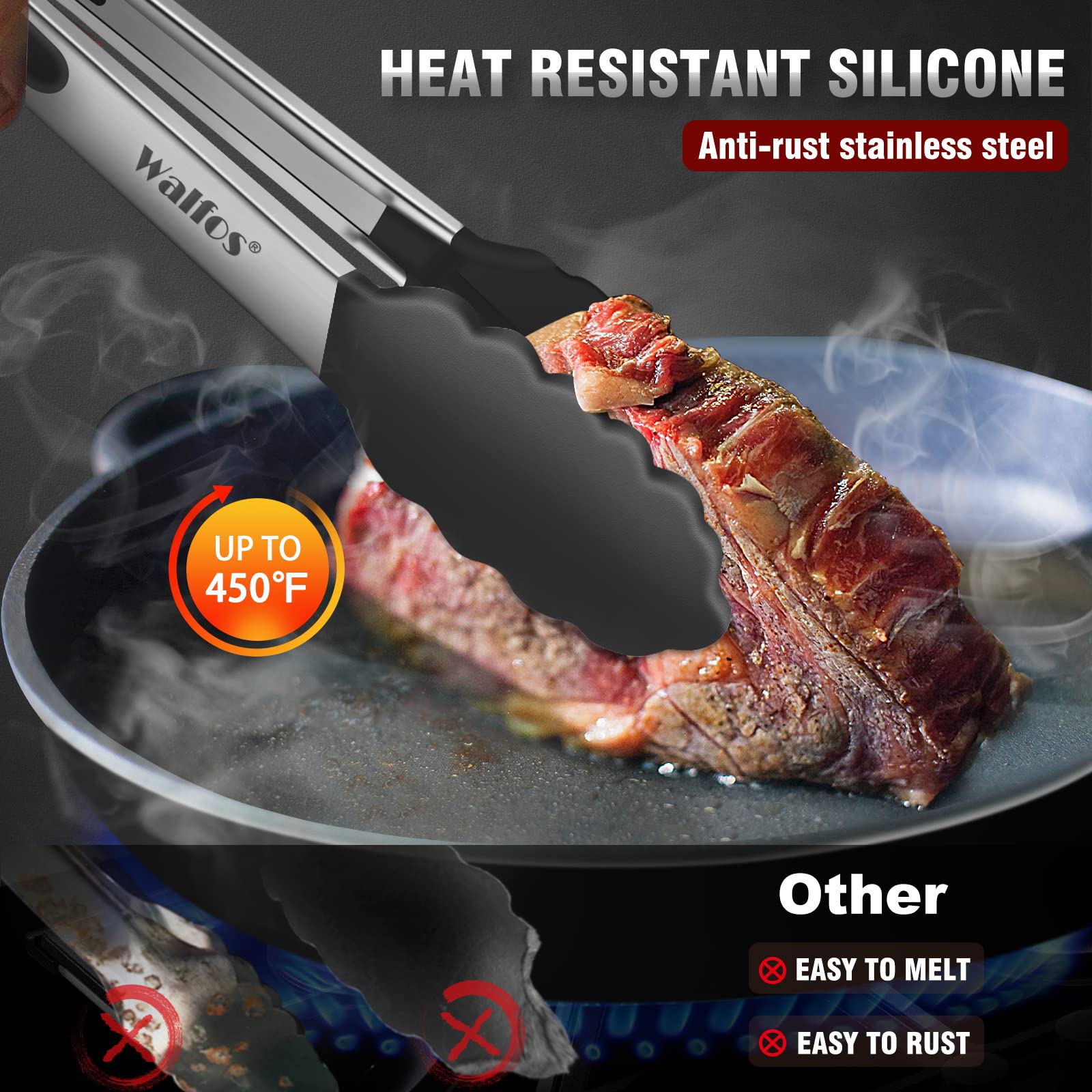 Walfos Kitchen Tongs - Heat Resistant Cooking Tongs Set of 3, Stainless Steel and BPA Free Silicone Tips, Great for Cooking, Grilling, Turning, 7