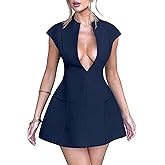 YMDUCH Women's Sexy Deep V Neck Cap Sleeve A-line Mini Club Party Dress