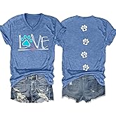 Dog Lover Shirts for Women Cute Paw Love Heart Print Shirt Dog and Mom Summer V Neck Short Sleeve Tee Tops