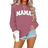QIXYN Mama Sweatshirts for Women Mama Graphic Ribbed Long Sleeve Shirts Mom Casual Crewneck Fall Pullover