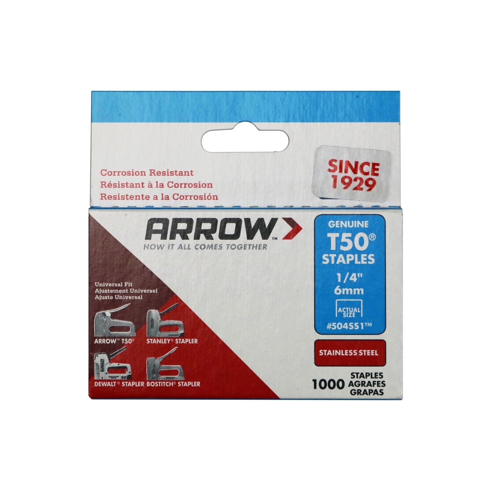 Arrow A504SS1 Staples, T50, Stainless Steel, 1/4", 6 mm (Pack of 1000)
