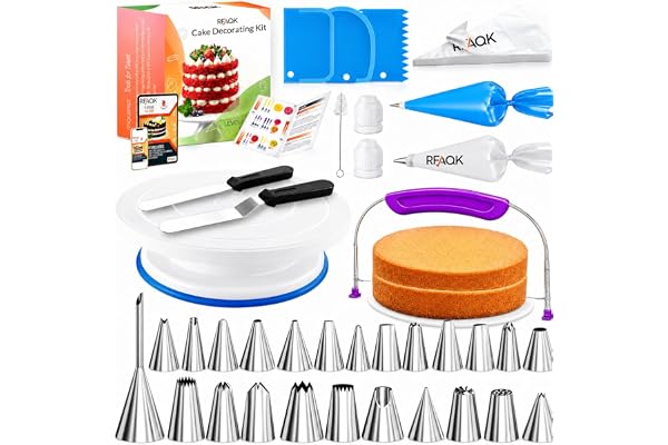 RFAQK 65 PCs Cake Decorating Kit Set with Cake Turntable-Cake leveler-24 Numbered Piping Tips with Pattern Chart & EBook- Str