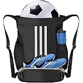 Champhox Soccer Bag, Youth Soccer Basketball Bag with Compartments Drawstring Backpack for Football Volleyball Gym Training (Black)