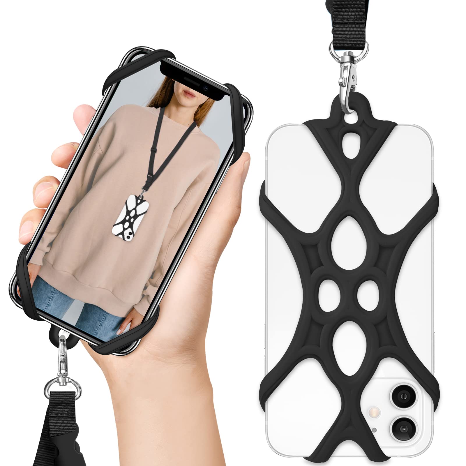 ROCONTRIP 2 in 1 Cell Phone Lanyard Strap Case Holder with Detachable Neckstrap Universal for Smartphone iPhone 8,7 6S iPhone 6S Plus, Google Pixel LG HTC Huawei P10 4.7-6.5 inch (New Black)