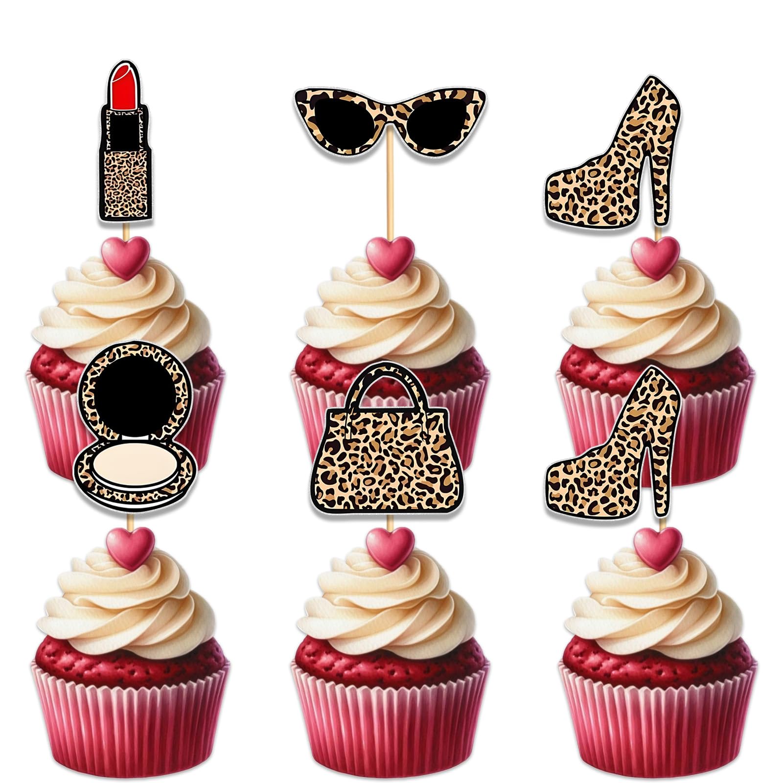 Photo 1 of 18pcs Glitter Cupcake Topper for Leopard Print Heel Make up Theme Party Favors Decorations Women Lady Girls Birthday Girls' Night Out Happy Birthday Bachelorette Bridal Shower Party Decor Supplies