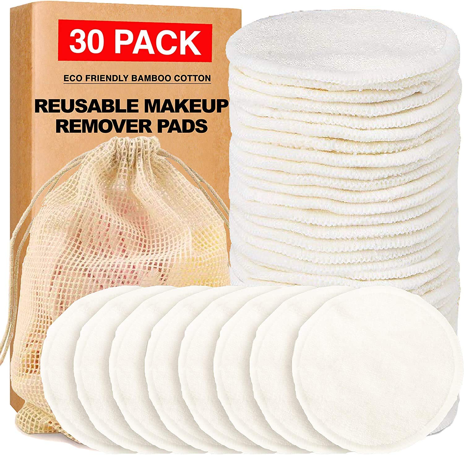 Reusable Makeup Remover Pads (18ct + Bonus Laundry Bags 2ct + Facial Headband 1ct) Bamboo Cotton Face Pads - Eco Friendly & Washable - Variety Pack