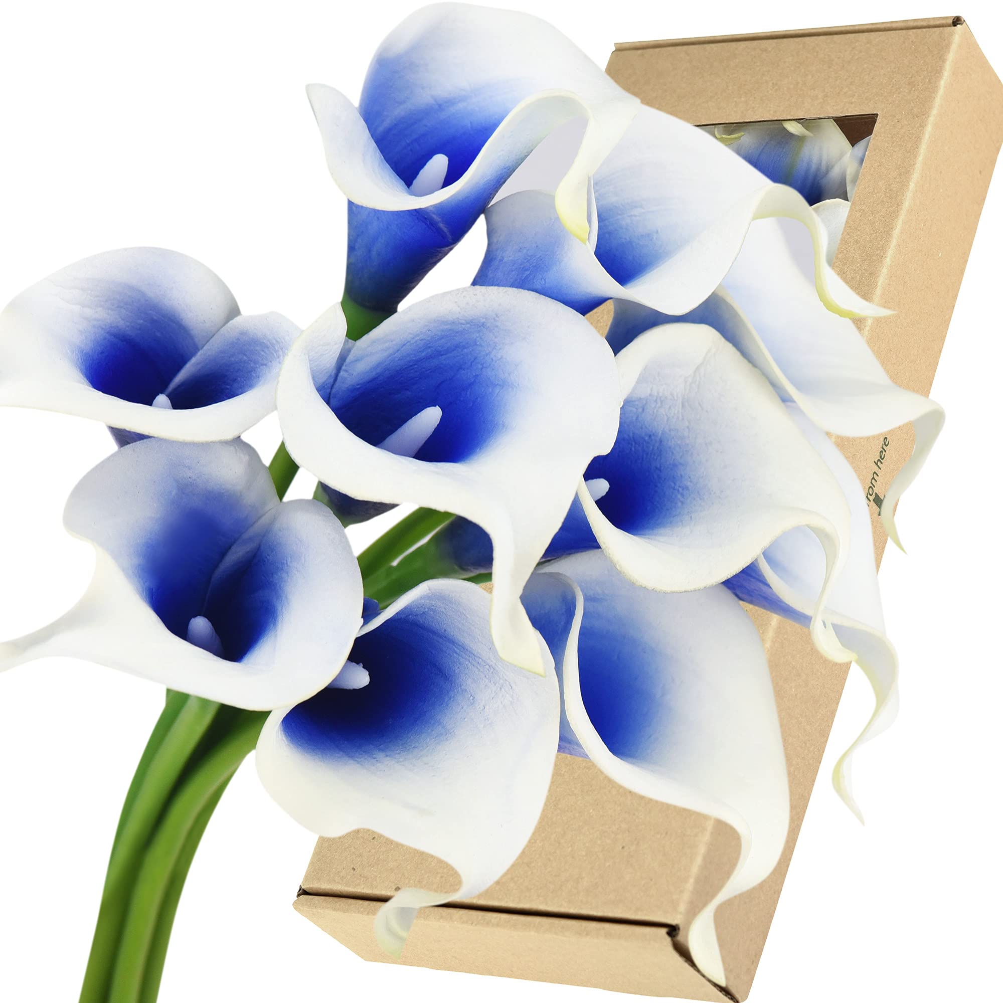 FiveSeasonStuff 10 Stems Real Touch Calla Lilies Artificial Flower Bouquet in Gift Box, Perfect for Wedding, Bridal, Party, Home Office Décor DIY (White & Blue)