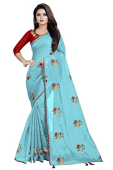 RAJESHWAR FASHION With RF Womens Chanderi Cotton Saree With Blouse Piece (SEA GREEN CHANDERI EMB WORK_Grey)